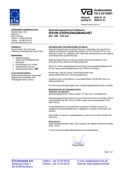 Godkendelse - No. VA 2.23/18281 - Spænderingssamling til afløbsrør Wavin overgangsmanchet