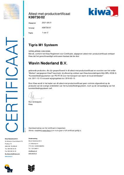 Certificaat Kiwa K99730/02 Tigris M1 Systeem Ø75mm