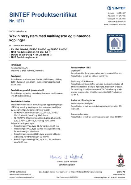 Godkjennelse - No. 1271 - Wavin rørsystem med multilagsrør og tilhørende koplinger