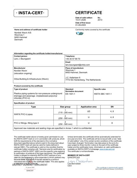 INSTA-CERT - No. 2013 - Plastic piping systems for non-pressure underground drainage and sewerage. Unplasticized pily(vinyl chloride) (PVC-U)