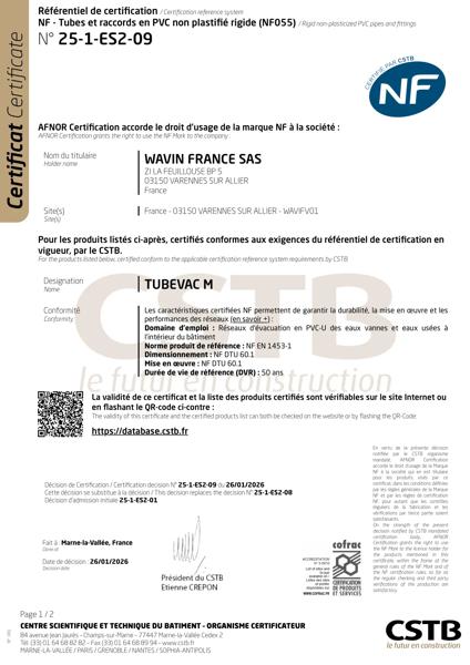 Certificat NF 055 NF-E - Wavin Tubevac M