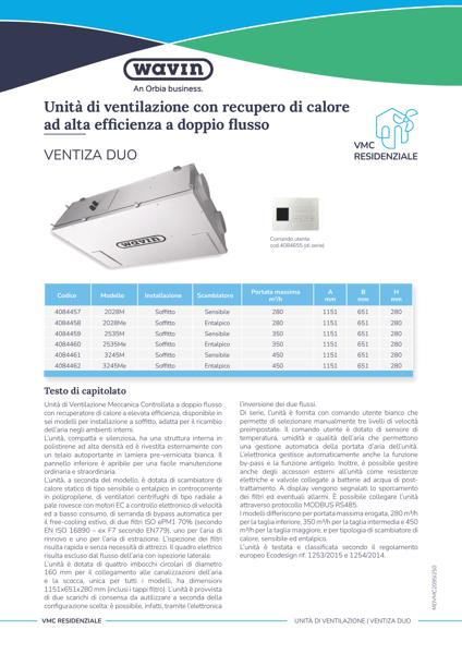 Unità di VMC con recupero di calore ad alta efficienza a doppio flusso Wavin Ventiza Duo