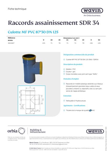 Fiche technique Culotte MF 87° DN125 SDR 34 - 3024567