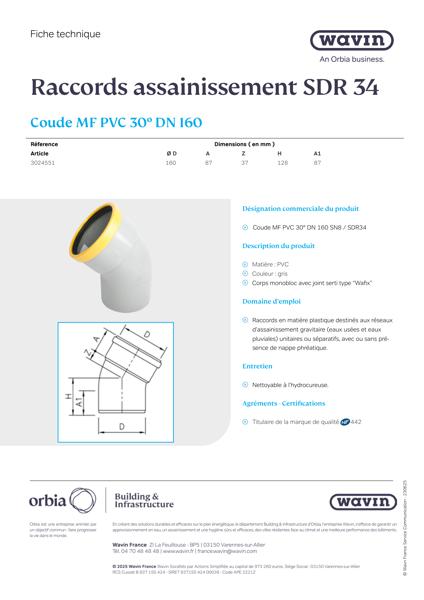 Fiche technique - SDR34 Coude MF PVC 30° 160