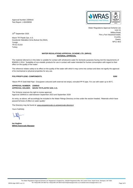 WRAS_Material Approval_BS6920-12014_PPR Solid Wall Pipe Grey Green _September 2028