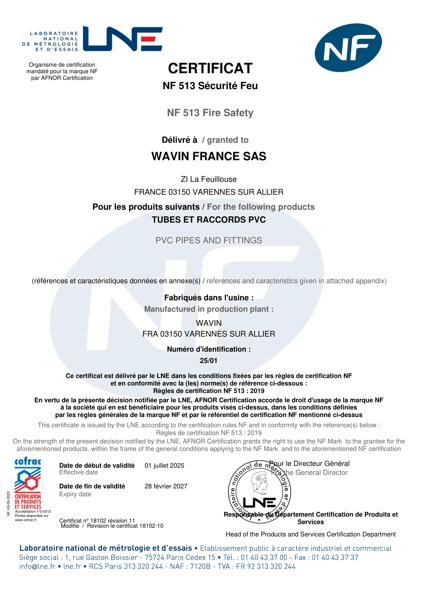 Certificat NF 513 NF-Me - Tubes et Raccords Evacuation Varennes