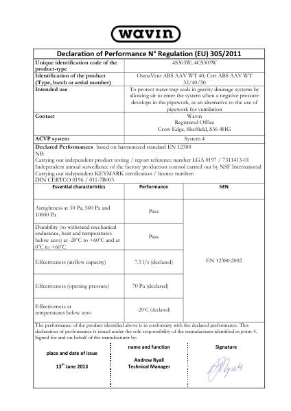 DoP - Air admittance valves