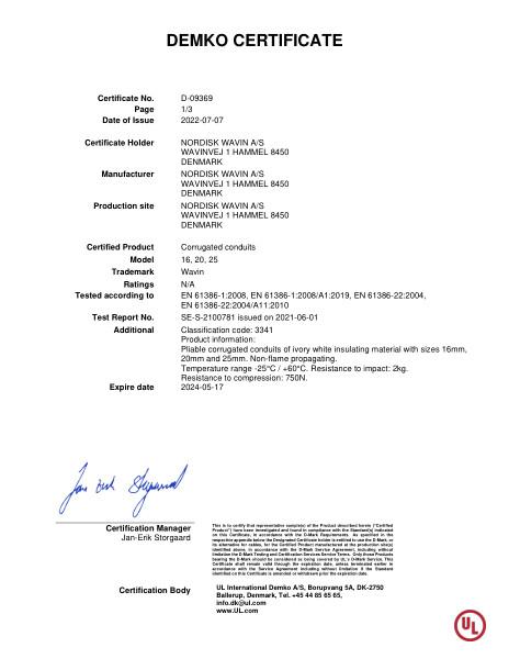 DEMKO certificate No. D-09369 – uPVC korrugerede kabelrør