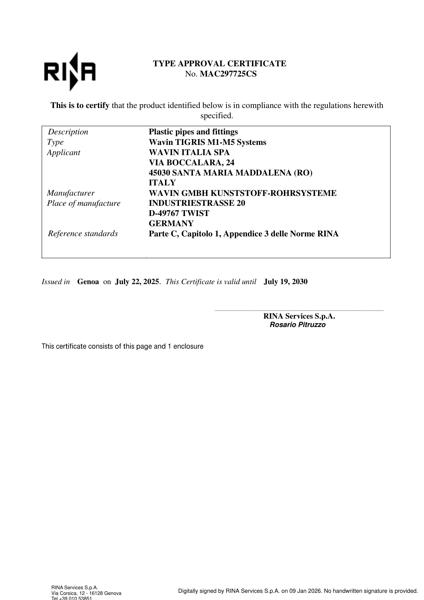 Certificato RINA Tigris M1-M5 MAC MAC 297725 CS
