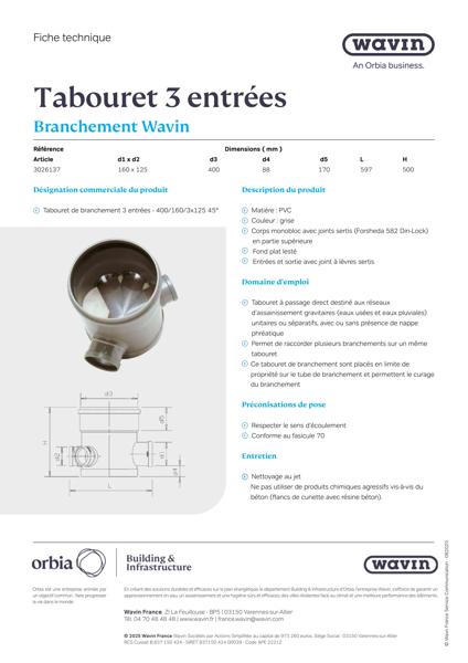 Fiche technique - Tabouret de branchement 3 entrées 400/160/3x125 45°