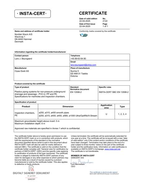 Godkendelse - No. 2122 - Plastics piping systems for non-pressure underground drainage and sewerage