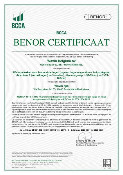 Certificaat BENOR PE EN 1519 PE-hulpstukken voor binnenrioleringen (lage en hoge temperatuur) C1, C2 en C3 - Geldig tot 28.02.2026