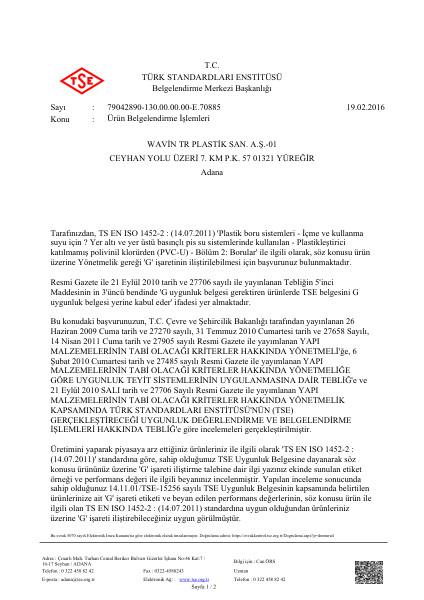TSB U-PVC Boru TSE-G Uygunluk Belgesi - TS EN ISO 1452-2
