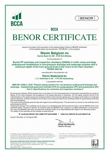 Certificate Benor NBN EN 13598-2: 2020 Valid till 28-07-2028