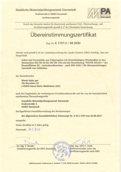 Übereinstimmungszertifikat Rohre und Formstücke aus Polypropylen mit dreischichtigem Wandaufbau Wavin SiTech+ DIN 4102-1