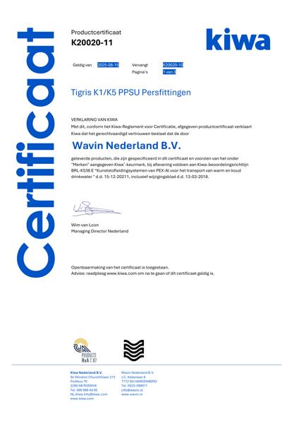 Certificaat Kiwa K20020/11 Tigris K1/K5 PPSU Persfittingen Ø14 - 75mm