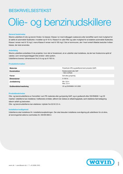 Beskrivelsestekst - Olie- og benzinudskillere