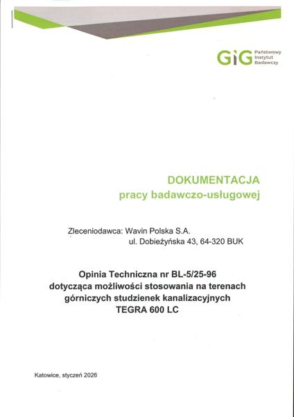Opinia GIG Studzienki kanalizacyjne  Tegra 600 LC