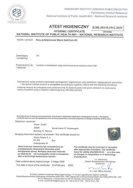 Atest PZH B.BK.60110.1912.2025 Rury polietylenowe SafeTech RC