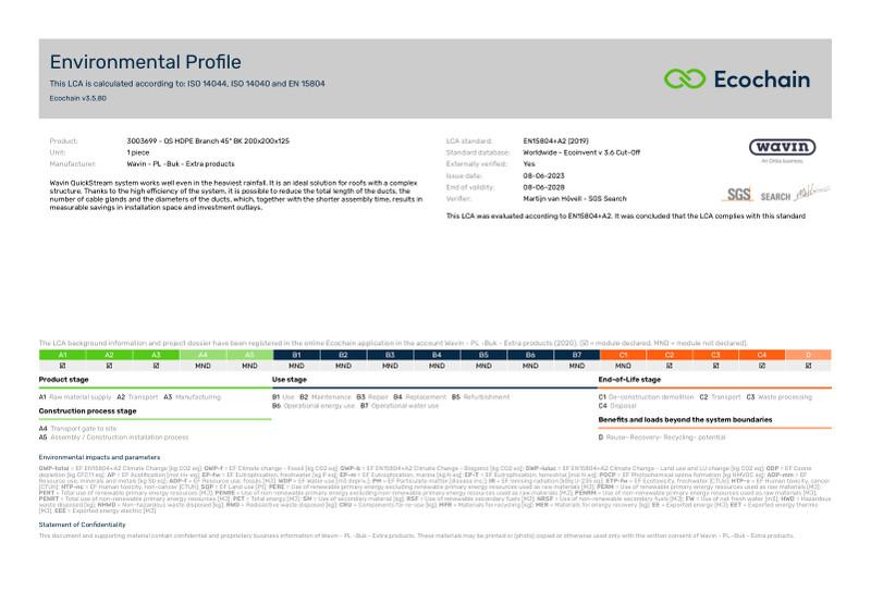 Wavin - PL -Buk - Extra products-3003699 - QS HDPE Branch 45 BK 200x200x125-2020-environmental-profile 2023-06-26 1149