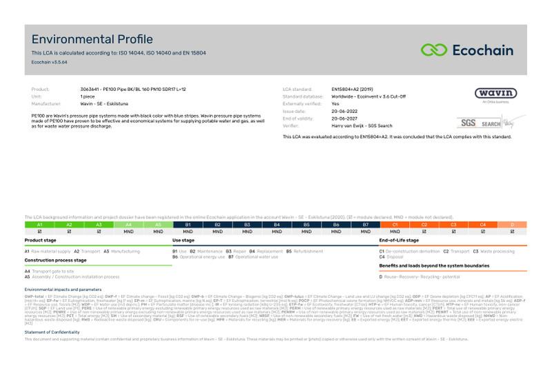 Wavin - SE - Eskilstuna-3063641 - PE100 Pipe BKBL 160 PN10 SDR17 L12-2020-environmental-profile 2023-01-16 1258