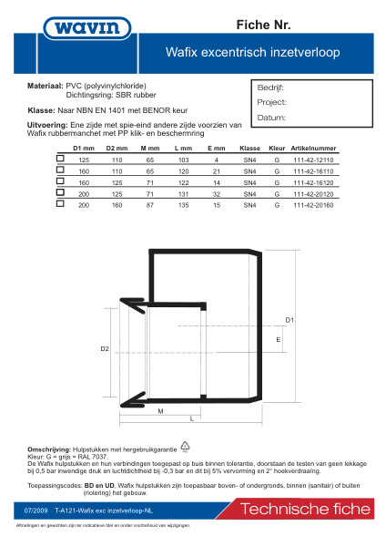 Technische fiche PVC Wafix excentrisch inzetverloop / Fiche technique PVC réduction interne 