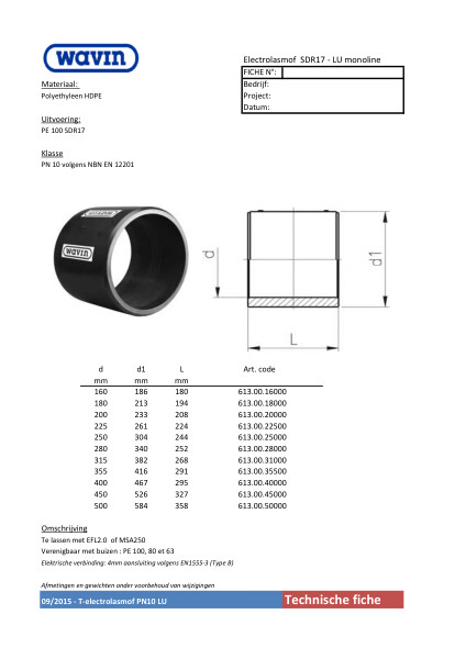 Technische fiche Electrolasmof / Fiche technique manchon électro SDR17 - LU monoline