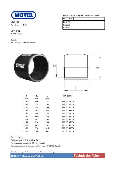 Technische fiche Electrolasmof / Fiche technique manchon électro SDR17 - LU monoline