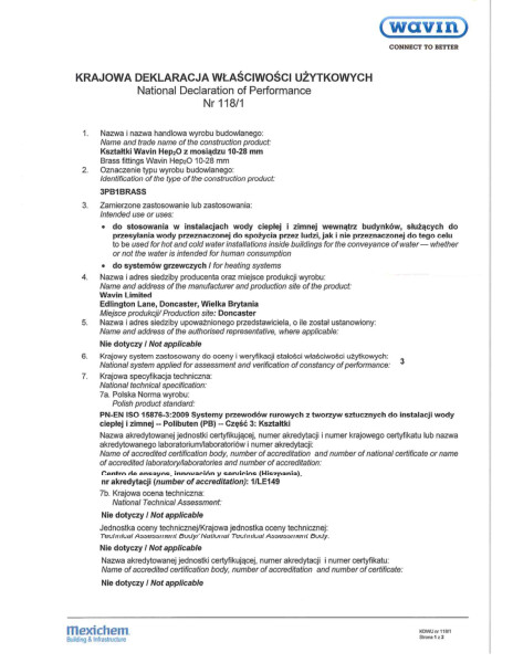 Krajowa Deklaracja Właściwości Użytkowych Nr 118/1 - Kształtki Wavin Hep2O z mosiądzu 10-28mm  09.01.-08.05.2017r.