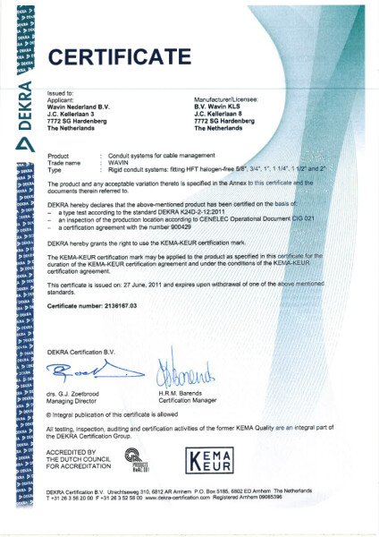 Certificaat KEMA-KEUR 2136167.03 Halogeenvrije elektrosokken en -buizen (star)