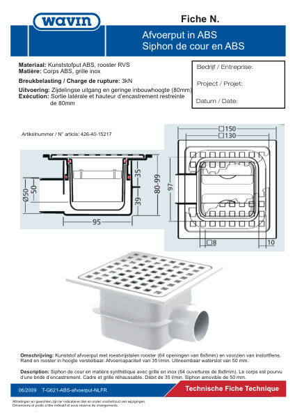 Technische fiche ABS afvoerput / Fiche technique siphon de cour