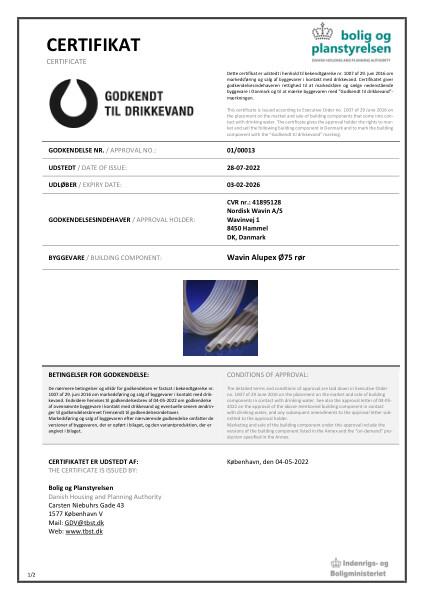 Godkendelse - No. 01/00013 - Godkendt til drikkevand - Wavin Alupex Ø75