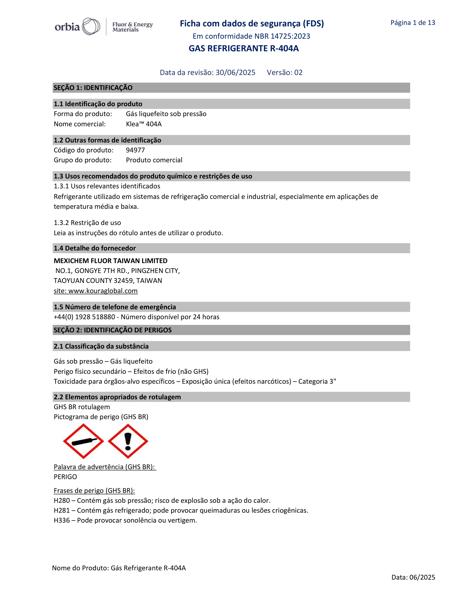 FDS - Gás refrigerante R-404A