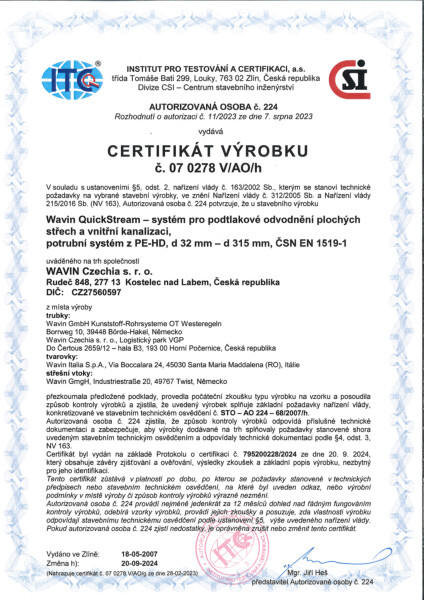 Certifikát výrobků QuickStream, HDPE