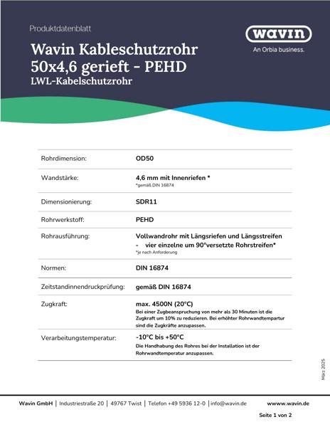 Produktdatenblatt Wavin Kabelschutzrohr 50x4,6 gerieft - PEHD