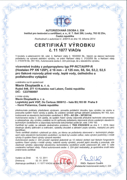 Certifikát Wavin PP-RCT Stabi voda, vytápění