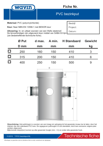 Technische fiche PVC bezinkput / Fiche technique décanteur