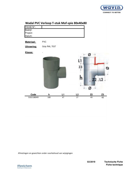 Technische fiche / Fiche technique Wadal PVC Verloop T-stuk Mof-spie 80x40x80/Wadal PVC T Réduit 88° mâle/femelle 80x40x80