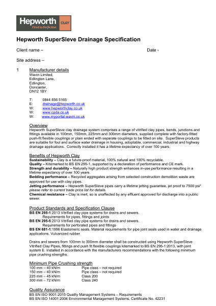 Hepworth Clay drainage specification