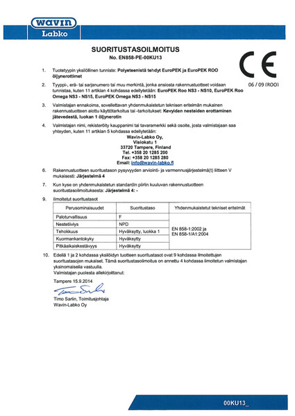 Suoritustasoilmoitus (DoP) - No. EN858-PE-00KU13 - EuroPEK ja EuroPEK ROO