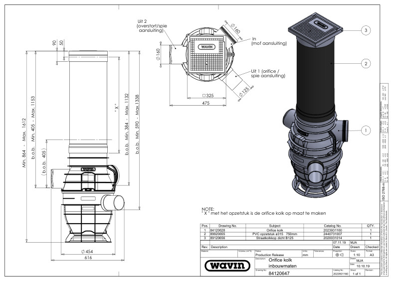 Tekening Inbouwmaten Orifice met cataloguscodes