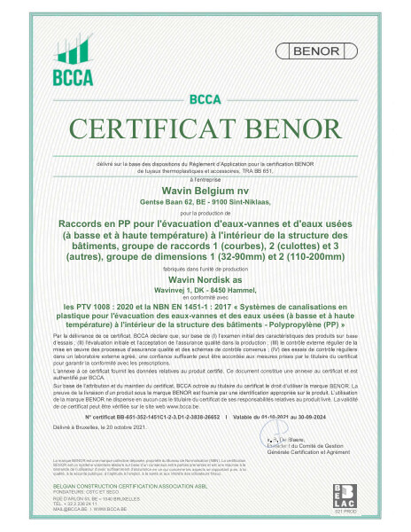 Certificat BENOR PP EN 1451 Raccords en PP pour l'évacuation d'eaux-vannes et d'eaux usées (à basse et à haute température) à l'interérieur de la structure des bâtiments, groupe de raccords 1, 2 et 3, D1 et 2 Hammel - Valable au 30.09.2024