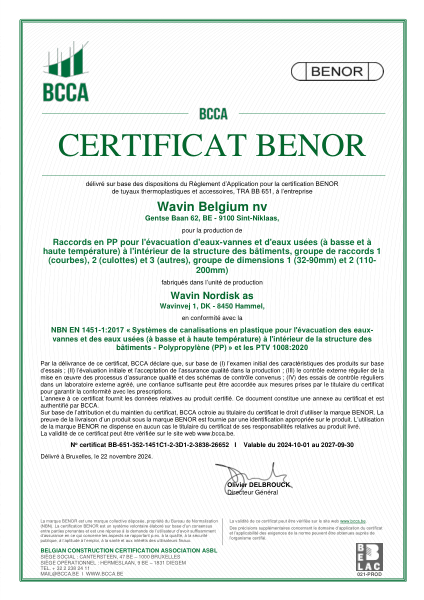 Certificat BENOR PP EN 1451 Raccords en PP pour l'évacuation d'eaux-vannes et d'eaux usées (à basse et à haute température) à l'interérieur de la structure des bâtiments, groupe de raccords 1, 2 et 3, D1 et 2 Hammel - Valable au 30.09.2027