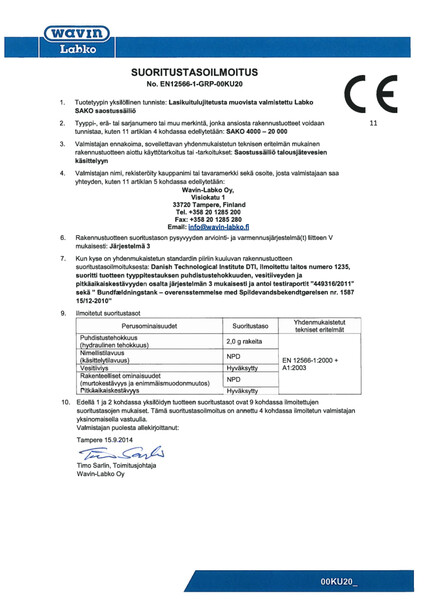 Suoritustasoilmoitus (DoP) - No. EN12566-1-GRP-00KU20 - Sako4000-20000