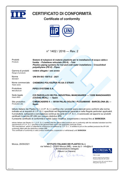 Certificato IIP UNI EN-ISO 15875-2 Chemidro Polysuper PE-Xa