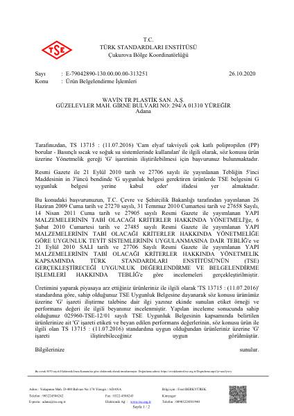 PP-R CET Boru TSE-G Uygunluk Belgesi - TS EN ISO 13715