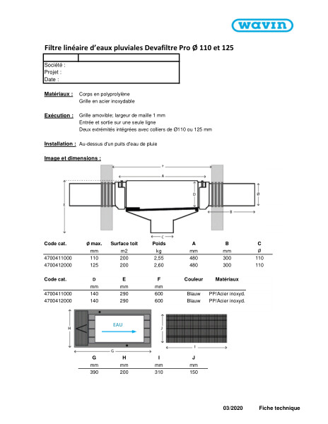 Fiche technique Filtre linéaire d’eaux pluviales Devafiltre Pro Ø110 et 125