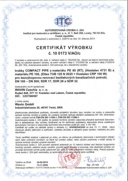 Certifikát Compact Pipe – beztlaková kanalizace