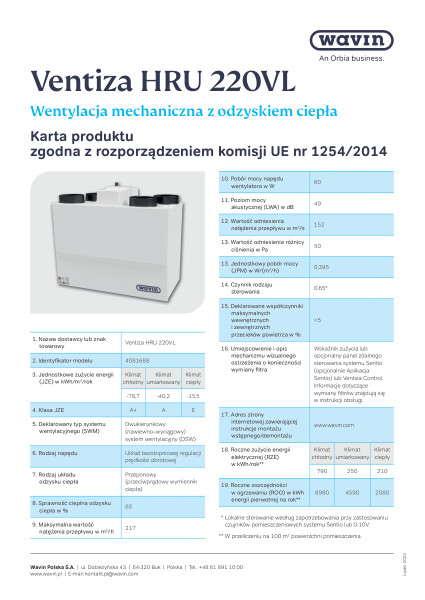 Ventiza HRU 220VL_karta katalogowa