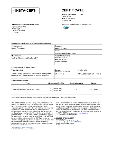 Godkendelse - No. 2111 - Inspektionsbrønd - TEGRA 1000  PP